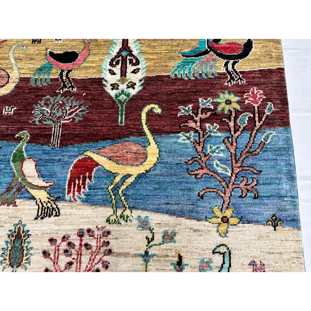 Multicolor Afghan Pictorial Bird & Tree Hand-Knotted Wool Rug - 9'7" X 6'9" For Sale - Image 11 of 15