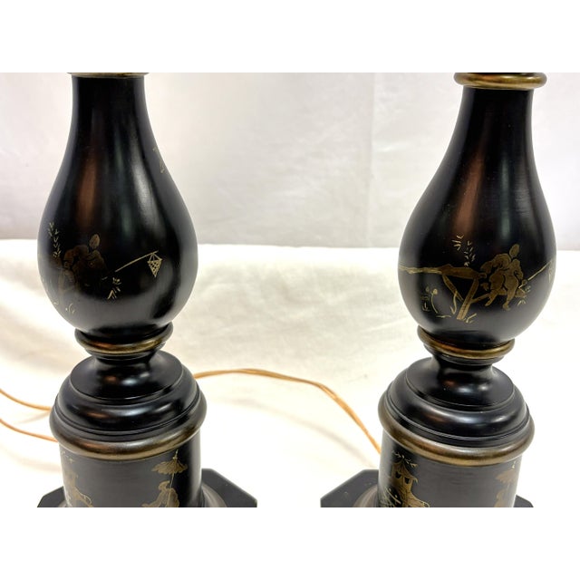 Vintage Wood Table Lamps With Gold Painted Chinoiserie Designs- A Pair For Sale - Image 10 of 15