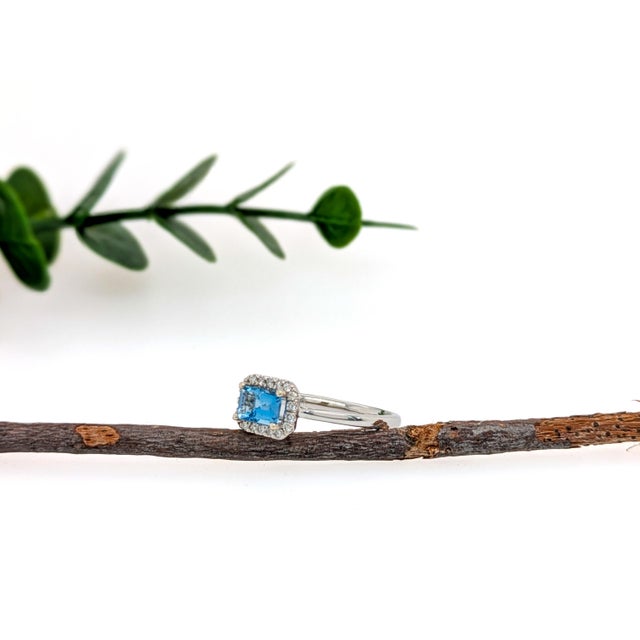 East West Aquamarine Ring With Earth Mined Diamonds Halo: Solid 14k Gold, Size 6.75 For Sale - Image 4 of 6