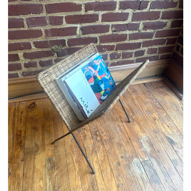 Mid Century Modern Italian Wicker & Metal Magazine Stand For Sale - Image 9 of 9
