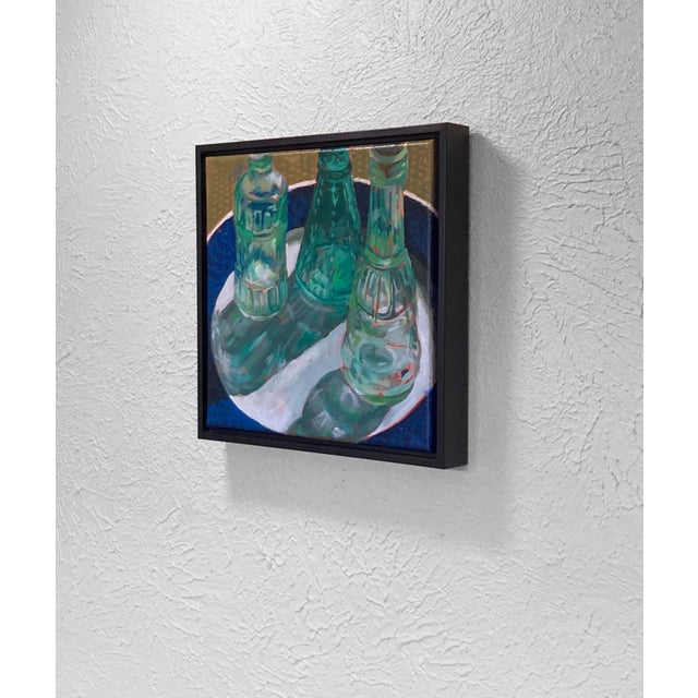 Captivate by Tracy Wall | Oil on canvas Still life of three green glass bottles on a plate For Sale - Image 4 of 5