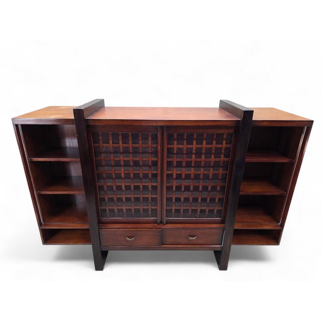 Mid 20th Century Vintage Modern Mahogany Media Console With Sliding Woven Doors by South Cone For Sale - Image 5 of 8