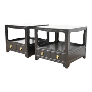 Michael Taylor for Baker Far East Collection Black Lacquered Nightstands or End Tables, Newly Refinished