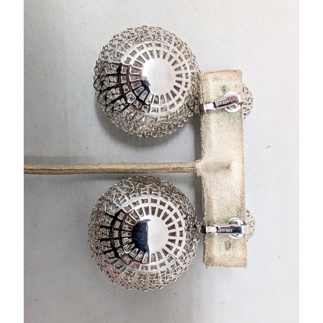 Silver Vintage 1955 Signed Crown Trifari "Mandalay" Rhodium Plated Filigree Drop Clip Earrings-2 Pieces For Sale - Image 8 of 11