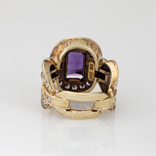 1980s 80s Vintage Amethyst Diamond Link Ring Sz 6.75 Wide Band 14k Yellow Gold Jewelry For Sale - Image 5 of 7