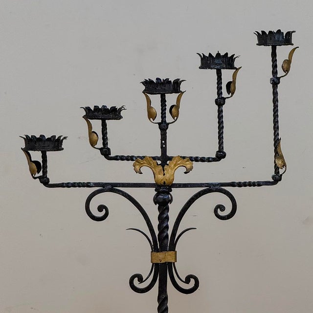 Spanish Revival Hand Forged Iron and Brass Torchère ~ Floor Candelabra For Sale - Image 10 of 18