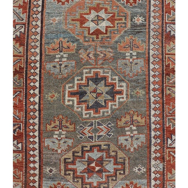 Sky Blue Antique Persian Serapi Runner, Light Blue and Rust Geometric Design 2'8" X 9'8" For Sale - Image 8 of 10