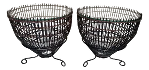 Mid-Century Franco Albini Style Rattan, Iron & Glass Fish Trap Side Tables - a Pair