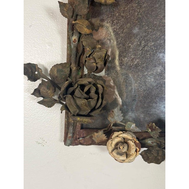 Antique Mid-Century Wrought Iron Mirror With Floral Motif For Sale - Image 4 of 16
