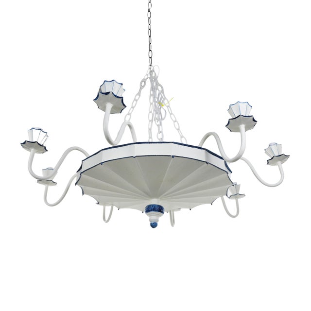 Vintage Blue and White Handmade Iron 8-Lamp Chandelier For Sale - Image 4 of 9