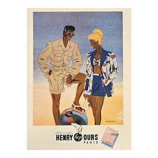 1948 Mid-Century French Fashion Summer Beach Print For Sale