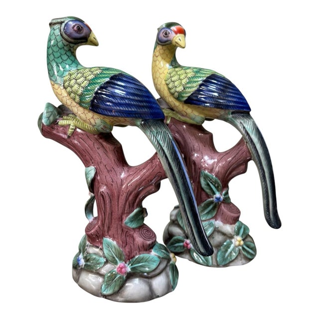 Pair Parrot Phoenix or Peacock Bird Figurines Table Sculptures - Hand Painting Chinese Porcelain Book Matching Set - Chelsea House Mottahedeh Style For Sale - Image 9 of 10