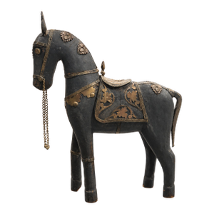 Vintage Indian Rajasthani Hand-Carved Wooden Horse Figurine - Mixed Metal Brass & Copper Accents