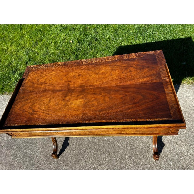 Vintage Mounted Walnut Writing Desk Attributed to Baker Furniture - Original Brass Accents For Sale - Image 9 of 11