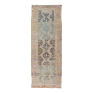 Persian Hand Knotted Hamadan Wool Runner With Geometric Design Unique Design 3'3 X 9'10