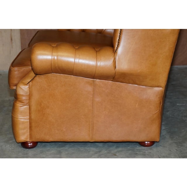 Small Wide Tan Leather Tufted Chesterfield Sofa with High Back For Sale - Image 17 of 18