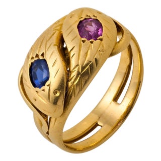 19th Century Victorian French Pink and Blue Sapphire 18k Yellow Gold Snake Ring, Size 7.75 For Sale