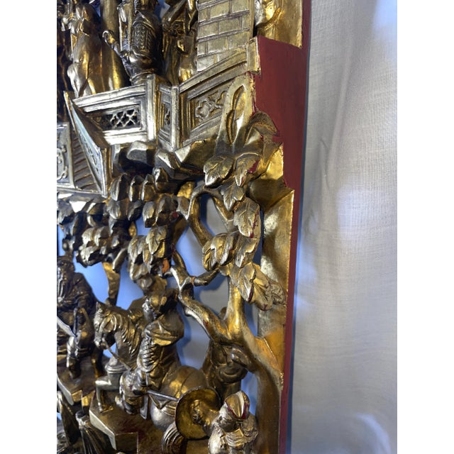 Antique Chinese Carved Deep Relief Gilt Wood Warriors Scenes Panel For Sale - Image 10 of 12