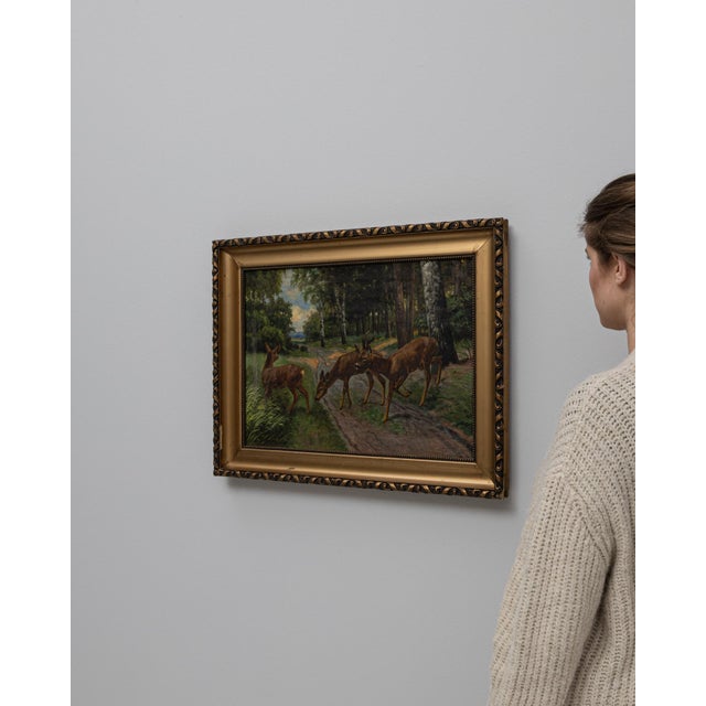 20th Century European Deer Painting With Wooden Frame For Sale - Image 11 of 11