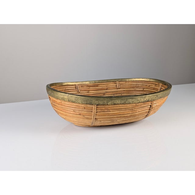 Mid-Century Modern Mid-Century Italian Rattan and Brass Oval Centerpiece Bowl, 1970s For Sale - Image 3 of 12