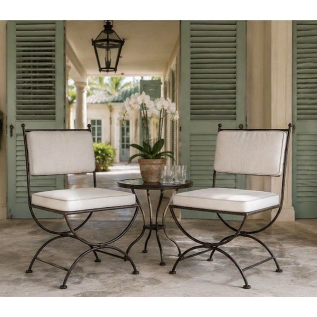 Pair of Vintage Turkish Curule-Leg Powder Coated Cast Iron Patio Chairs For Sale - Image 9 of 12