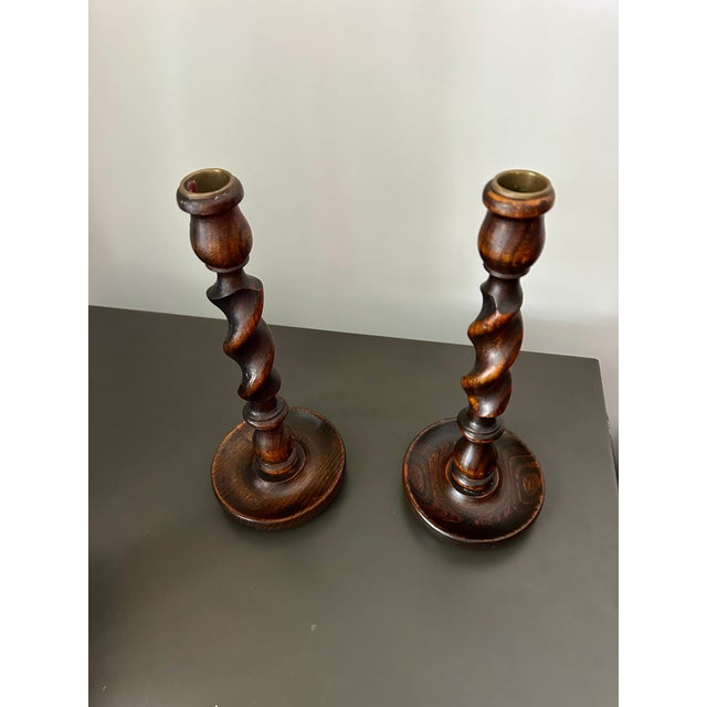 Farmhouse Vintage Pair English Oak Barley Twist Candlesticks – Pair of Antique Wooden Candle Holders For Sale - Image 3 of 9