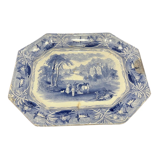A Very Nice Antique Staffordshire Blue Transferware " Union" Pattern Platter, 1850's For Sale