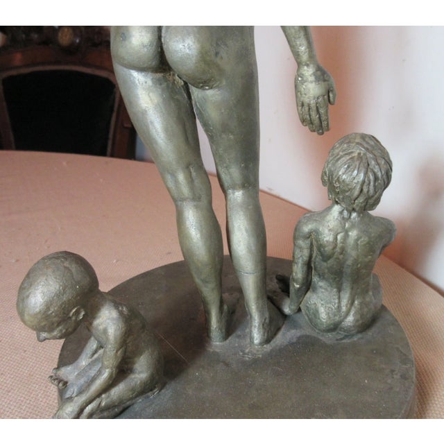 Vintage Original Handmade Signed Solid Lead Nude Lady Mom Children Figure Statue For Sale - Image 11 of 12