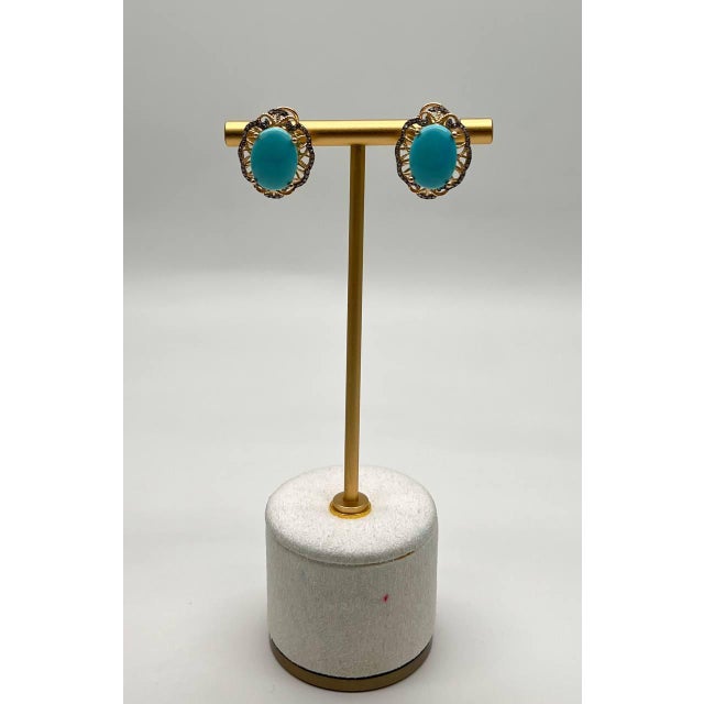Modern Blue Teal Turquoise Diamonds Lattice 14k Yellow Gold Statement Earrings - Set of 2 For Sale - Image 3 of 12