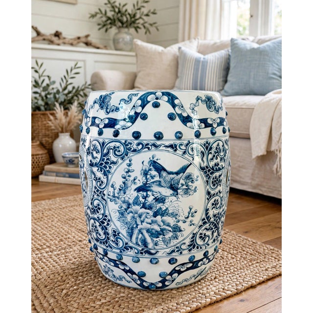 Chinoiserie Vintage Blue & White Chinoiserie Porcelain Garden Stool With Double Coin & Floral Medallions For Sale - Image 3 of 9