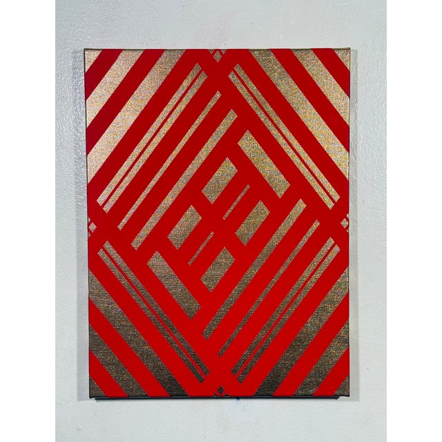 Abstract Geometric Mid-Century Modern Op Art Painting on Canvas “Gold Royal Red” 12x16 inch