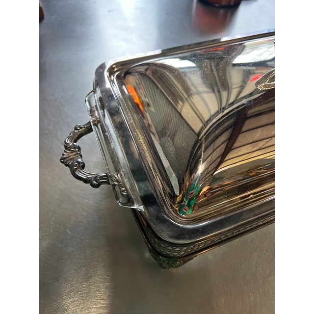 Mid-Century Modern Vintage Silver Metal Footed Serving Dish With Lid and Glass Inlay For Sale - Image 3 of 12