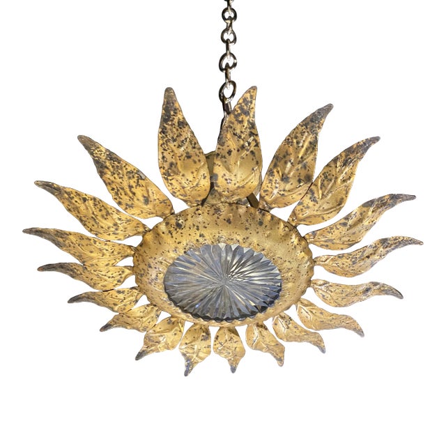 1930’s French Gilt Metal Sunburst Flush Mount For Sale