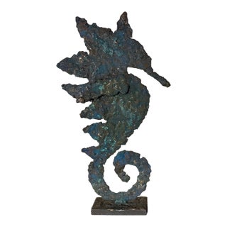 Late 20th Century Artist Made Brutalist Style Bronze Seahorse Sculpture For Sale