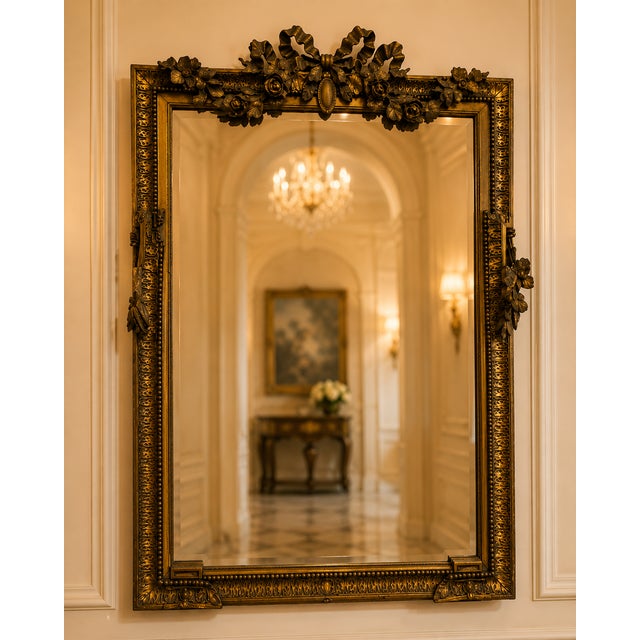 1990s 19th Century French Louis XVI Style Carved Giltwood Mirror With Floral Crest For Sale - Image 5 of 5