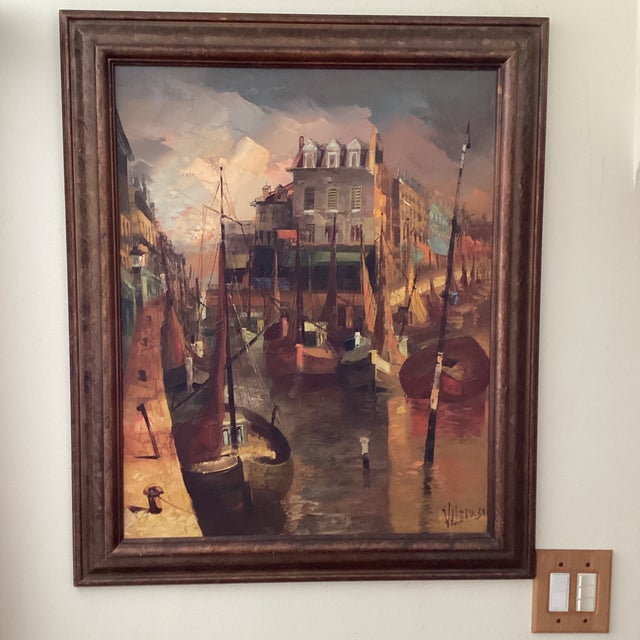 Vintage Painting on Canvas Impressionistic Harbor Scene Artist Signed Framed Dated For Sale - Image 12 of 12
