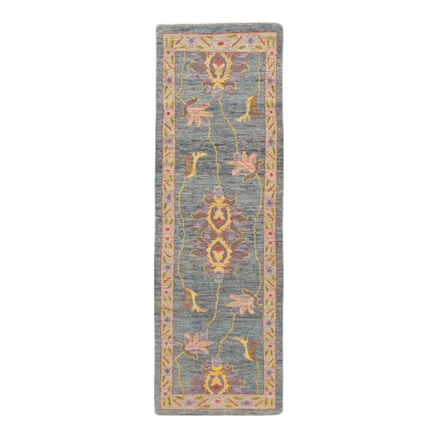 Modern Oushak Handmade Gray Botanical Wool Runner For Sale