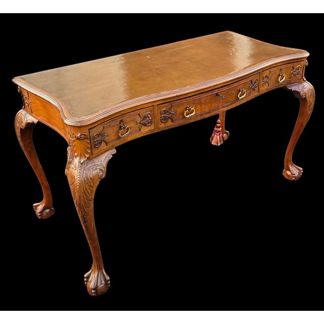 Fine American Chippendale Revival Carved Walnut Leather Top Writing Desk With Ball-and-Claw Feet, Circa 1940 For Sale - Image 10 of 13