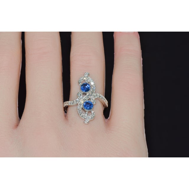 Certified Natural 1.40cts Diamond & Sapphire 18k Solid White Gold Filigree Cocktail Ring, Size 6.5 For Sale - Image 10 of 13