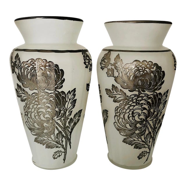 Vintage Frosted Glass Silver Overlay Floral Design Vases S/2 For Sale