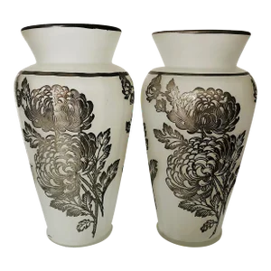 Vintage Frosted Glass Silver Overlay Floral Design Vases S/2