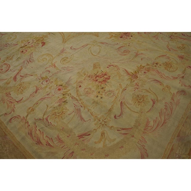 1870s Beige Floral Medallion Antique French Aubusson Rug 13'6" X 14'9" Flatweave Wool Carpet For Sale - Image 4 of 8