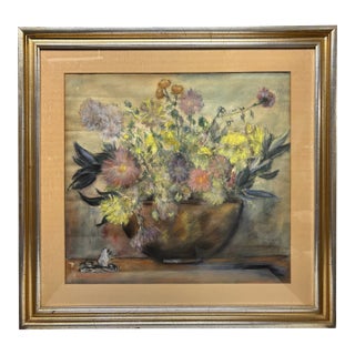 Vintage Framed Pastel Floral Still Life – Mid-Century Impressionist Bouquet Painting For Sale