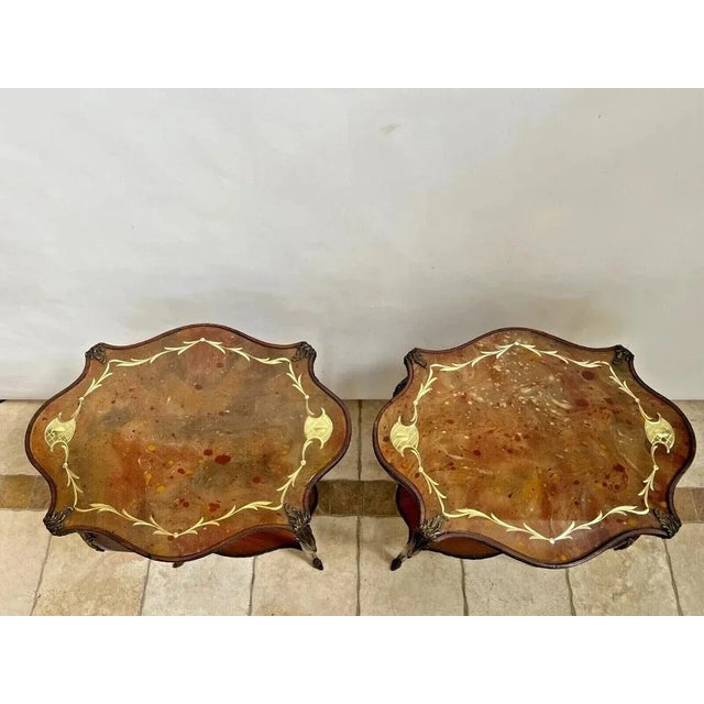 1930s Vintage French Nightstands Lamp Tables Set With Bottom Shelf Painted Glass Tops - a Pair For Sale - Image 4 of 10