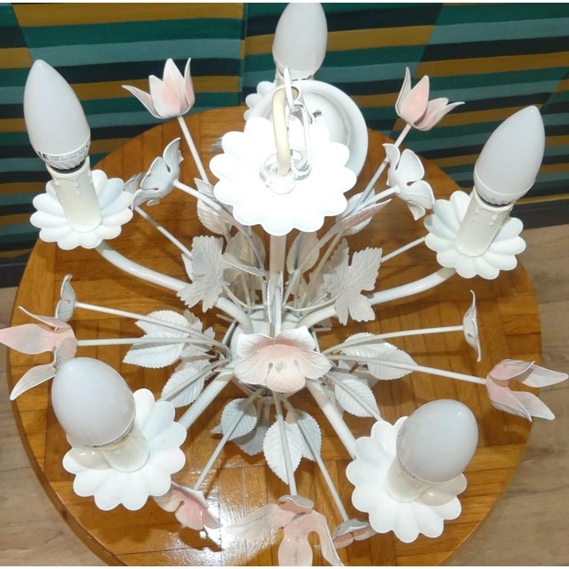 Pink Vintage French Five Candle Chandelier with Pink Flowers by Massive, 1970s For Sale - Image 8 of 11