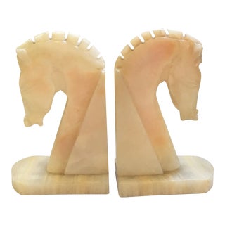 Stone Onyx or Alabaster Deco Horse Head Bookends - a Pair For Sale