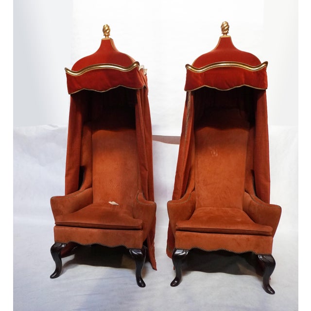 Pair of Tall Baldachin / Baldaquin Wingback King / Thron Chairs. The Canopy / Cloth of State style top affixed to a tall-...