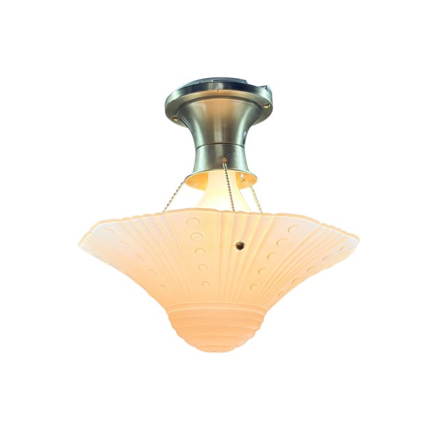 1930s Vintage Three Chain Bowl Light Amber Glass Bedroom or Hallway Ceiling Light Restored Brushed Brass and New Wiring For Sale - Image 5 of 7