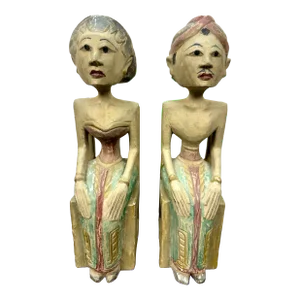 Antique Hand Carved Javanese "Loro Blonyo" Folk Art Statues, a Pair