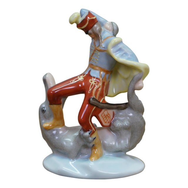 Vintage Herend Hussar and Sea Serpent Porcelain Dragon Slayer Figurine 5595 For Sale